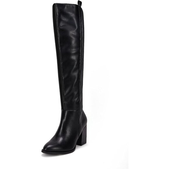 Womens Cool Black Faux Suede Knee High Side Zipper Chunky Heel Winter Boots - Picture 1 of 5